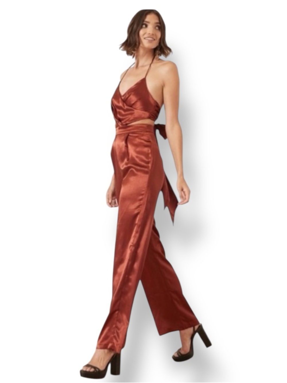 LPA Quinn Jumpsuit Revolve Copper Satin Cut-Out Wide Leg Size S